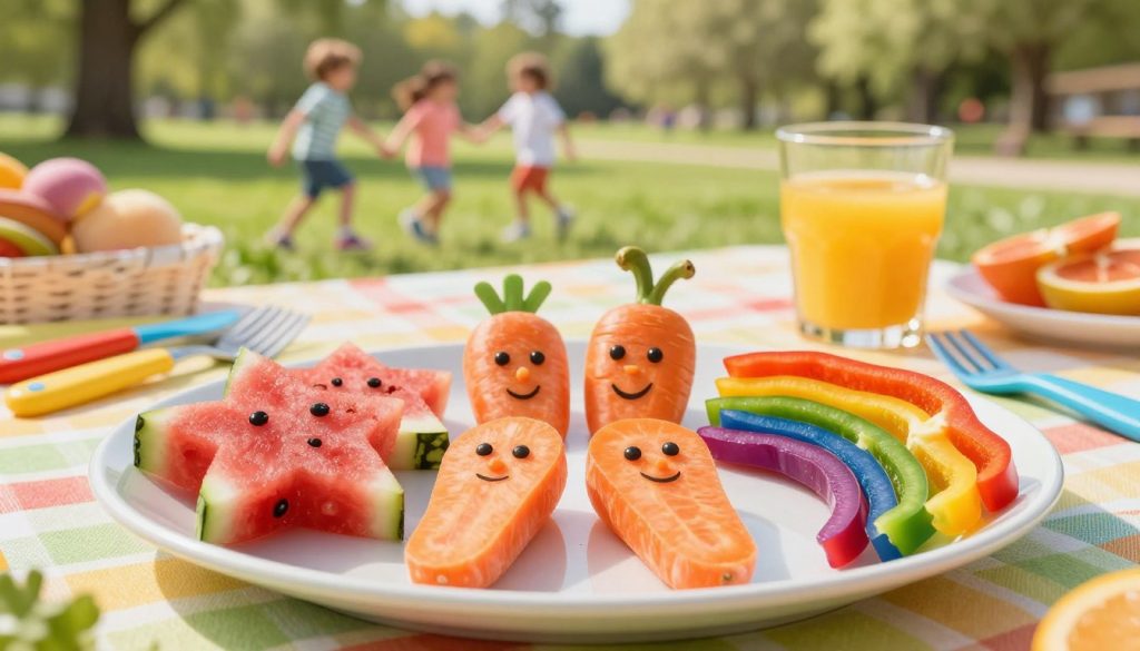 A colorful and visually appealing arrangement of fun healthy foods designed for kids, featuring a variety of shapes and characters. In the foreground, showcase a plate of fruit and vegetable shapes, including star-shaped watermelon slices, carrot sticks cut into fun faces, and colorful bell pepper strips arranged like a rainbow. In the middle ground, include a picnic setting with a vibrant tablecloth, playful utensils, and a glass of fresh fruit juice. The background should be a sunny park scene with children playing joyfully, evoking a cheerful, lively atmosphere. Utilize soft, natural lighting to highlight the freshness of the food, capturing the essence of a joyful and healthy meal experience for kids.