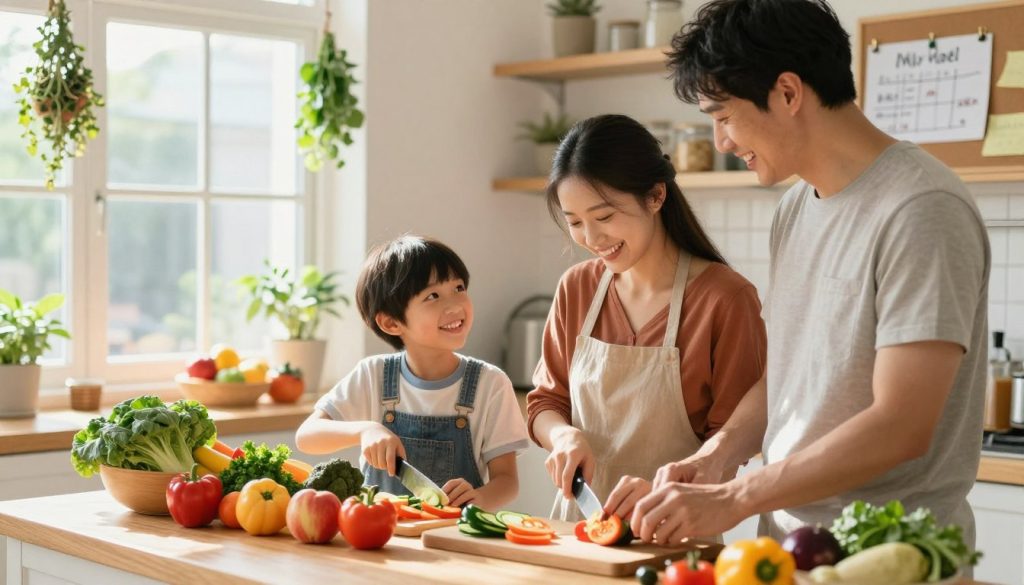 A family of four, consisting of parents and two children, engaging together in a vibrant kitchen setting, enthusiastically preparing a healthy meal. The foreground shows the family members chopping vegetables, smiling, and sharing ideas, dressed in casual, comfortable clothing. In the middle ground, colorful fresh produce is displayed on a wooden kitchen table, with sunlight streaming in from a nearby window, creating a warm and inviting atmosphere. The background features hanging herbs and a bulletin board with handwritten notes and family meal plans. The lighting is bright and natural, enhancing the sense of togetherness and collaboration in creating healthy habits as a family. The scene conveys a cheerful mood, symbolizing unity and positive lifestyle changes.
