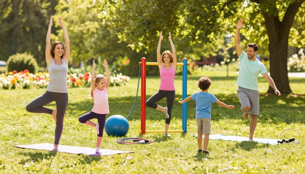 A joyful family engaging in a variety of fitness routines in a bright, sunny park. In the foreground, a mother and father, dressed in modest athletic wear, are laughing as they demonstrate yoga poses alongside their two children. One child, a little girl, is playfully attempting a tree pose, while the older boy executes a fun jumping jack. The middle section features colorful fitness equipment such as yoga mats, resistance bands, and a jump rope scattered around. In the background, a lush green landscape with blooming flowers and tall trees creates a vibrant atmosphere. Soft, warm sunlight filters through the leaves, casting gentle shadows, while the overall mood conveys energy, happiness, and family bonding. The image captures a sense of well-being and the joy of staying active together.
