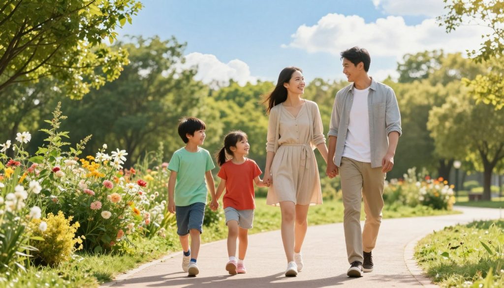 A joyful family of four walking together on a sunlit path in a green park. In the foreground, a smiling father wearing a casual shirt and the mother in a comfortable summer dress hold hands with their children, a boy and a girl, both dressed in colorful t-shirts and shorts. In the middle, the family is surrounded by blooming flowers and lush greenery, showcasing an active outdoor environment. The background features tall trees and a clear blue sky with a few fluffy white clouds, suggesting a beautiful day for outdoor activities. The lighting is warm and inviting, casting soft shadows, creating a lively and cheerful atmosphere that embodies the spirit of togetherness and a healthy lifestyle.