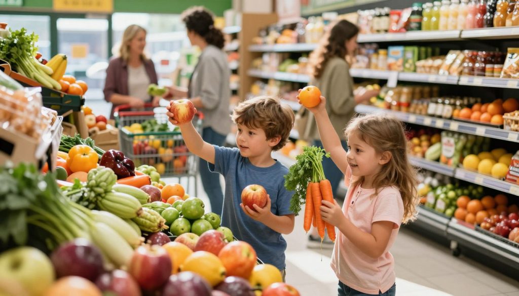 A lively grocery store scene featuring two children, one boy and one girl, actively exploring fresh produce. In the foreground, the kids are enthusiastically selecting colorful fruits and vegetables, with the boy holding an apple and the girl picking up a bunch of carrots. They are dressed in modest casual clothing. The middle ground displays overflowing carts filled with healthy snacks and whole foods while adults shop in the background, creating a warm, community atmosphere. Sunlight filters through the store windows, illuminating the vibrant colors of the groceries and casting soft shadows. The mood is cheerful and engaging, promoting a sense of adventure and healthy choices in food shopping.