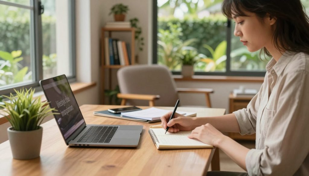 A serene and inviting workspace that symbolizes "lifestyle change inspiration," featuring a wooden desk adorned with a laptop, a potted plant, and a stylish notepad. In the foreground, a person dressed in casual but professional attire, engaged in writing or brainstorming, exudes a sense of determination and focus. The middle ground captures a cozy corner with a comfortable chair, a bookshelf filled with motivational books, and a large window letting in warm, natural light, illuminating the scene. In the background, a vibrant outdoor view of a lush garden emphasizes growth and renewal. The atmosphere is uplifting and peaceful, evoking a sense of clarity and purpose, with a soft focus to create depth and warmth in the composition.
