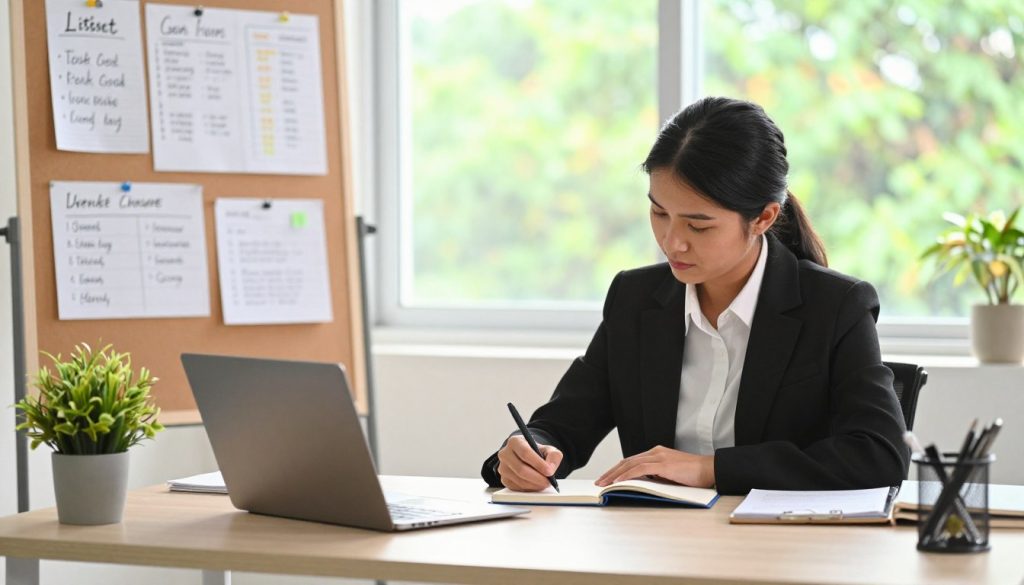 A serene and motivating workspace, showcasing a neatly arranged desk in the foreground, with a vision board filled with handwritten goals and motivational quotes. In the middle, a person in professional business attire, deeply engaged in writing on a notepad, symbolizing focus and determination. The background features a bright, sunlit window with greenery outside, creating an uplifting atmosphere. Soft, natural lighting illuminates the scene, highlighting the person’s expression of inspiration. The overall mood is one of empowerment and clarity, emphasizing the journey of identifying personal lifestyle change goals amidst a calm and organized environment.