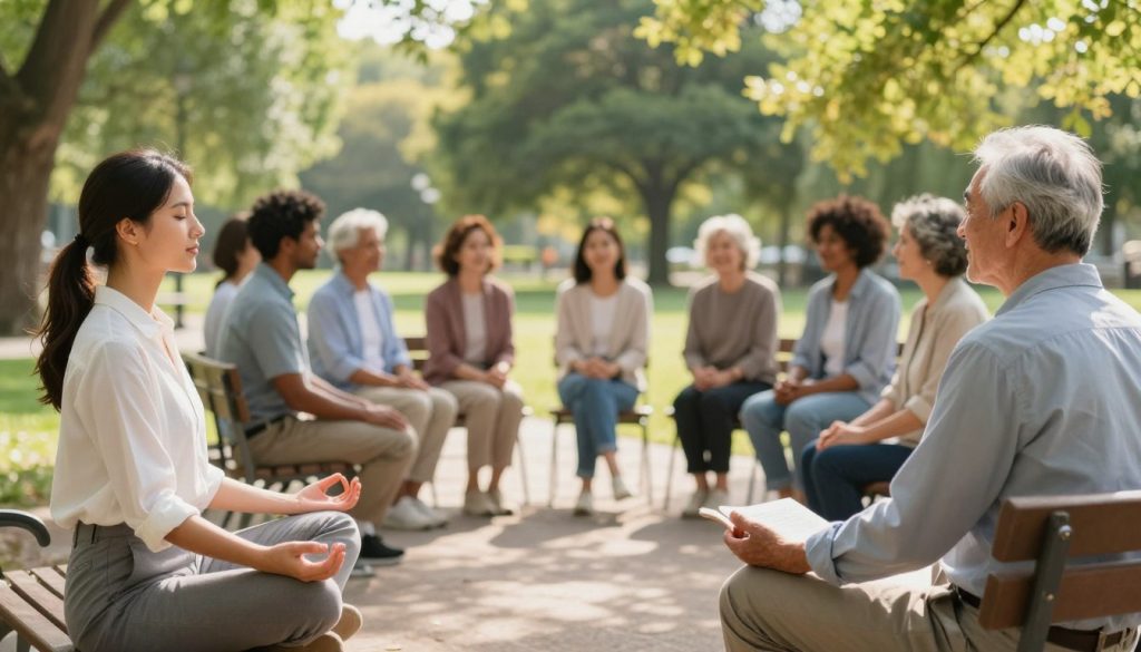 A serene and uplifting scene depicting a diverse group of individuals, each at different stages of their personal wellness journey, symbolizing mental health breakthroughs. In the foreground, a young woman in professional casual attire meditates peacefully on a park bench, while an older man smiles as he shares his story with a supportive friend. The middle ground features a gentle group therapy session, with participants seated in a circle, exuding support and companionship. The background is filled with vibrant green trees and soft sunlight filtering through, creating a warm and hopeful atmosphere. The image captures a sense of community and inspiration, with soft, inviting lighting that enhances the feeling of tranquility and growth. Use a wide-angle lens to showcase the depth of the scene, while maintaining a feeling of intimacy and connection among the individuals.