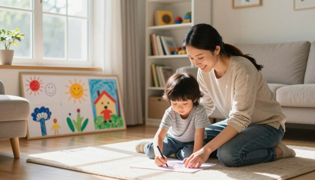 A serene and warm family scene in a cozy living room, featuring a diverse family engaged in positive parenting techniques. In the foreground, a caring parent kneels beside a young child, both smiling as the parent gently guides the child to express emotions through drawing. In the middle ground, a colorful children's art display radiates creativity, showcasing the importance of expression. Soft, natural light streams in from a nearby window, casting gentle shadows and creating a comforting atmosphere. The background includes a well-organized bookshelf filled with parenting books and toys, symbolizing a nurturing environment. The mood is uplifting and harmonious, emphasizing connection and positive reinforcement in parenting. The scene captures the essence of implementing positive discipline techniques with simplicity and warmth.