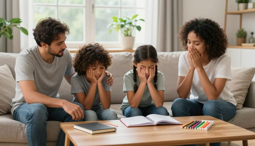 A serene family scene depicting a diverse group of four family members—a father, mother, and two children—engaging in mental health activities in a cozy living room. The foreground features the family sitting on a comfortable couch, with the parents encouraging the children to share their feelings. In the middle, a warm coffee table displays mindfulness tools like a gratitude journal and colorful art supplies. The background captures a bright, sunny window with green plants, symbolizing growth and wellness. Soft, natural lighting bathes the scene, creating an uplifting and peaceful atmosphere. The family is dressed in relaxed, modest clothing, embodying comfort and connection. The overall mood is nurturing and supportive, emphasizing emotional well-being and daily mental health practices.