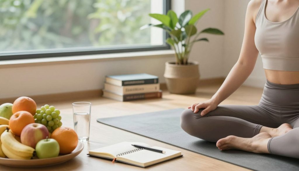 A serene indoor space with soft, natural light streaming through a large window, illuminating a cozy corner featuring a yoga mat and meditation cushion. In the foreground, a person dressed in comfortable, modest activewear practices yoga, exuding calm and focus. On a nearby table, a colorful assortment of fresh fruits, a glass of water, and a journal with an open pen symbolizes mindfulness and healthy nutrition. In the middle ground, a potted plant and wellness books add warmth and inspiration to the scene. The background showcases a peaceful view of greenery outside the window, enhancing the sense of tranquility. Overall, the mood is uplifting and motivating, reflecting the journey of building daily wellness habits for a healthy lifestyle.