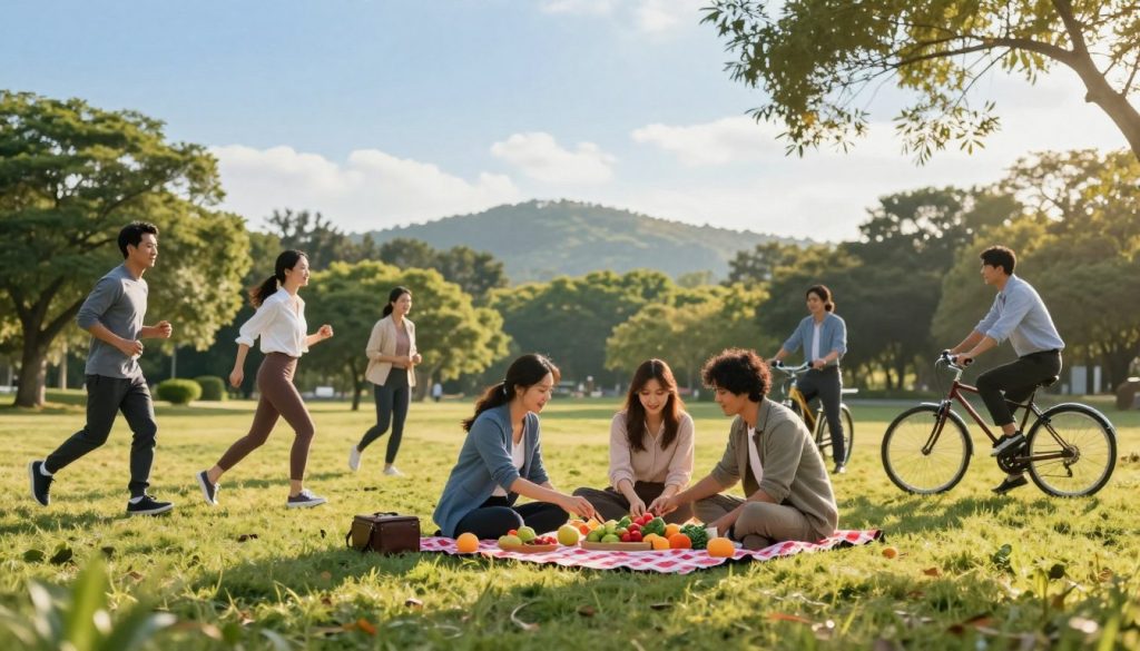 A serene park setting in the foreground, featuring a diverse group of individuals engaged in various healthy activities, such as jogging, practicing yoga, and cycling. The middle ground shows a group of friends enthusiastically preparing a healthy picnic on a vibrant checkered blanket, surrounded by fresh fruits and vegetables. In the background, a lush landscape of trees and gentle hills under a bright blue sky with soft, warm sunlight casting a golden glow, creating an inviting and inspirational atmosphere. The individuals are dressed in professional business attire or modest casual clothing, reflecting their commitment to lifestyle changes. Capture the scene with a wide-angle lens, emphasizing the connection between the participants and their healthy choices, evoking a mood of motivation and empowerment.