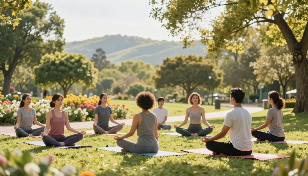 A serene scene depicting a supportive wellness journey in a tranquil park setting. In the foreground, a diverse group of individuals in modest, casual athletic wear is engaged in activities like yoga and meditation, showcasing unity and positivity. The middle ground features blooming flowers and healthy trees, symbolizing growth and vitality, while a winding pathway invites viewers into the scene. The background contains soft, rolling hills under a bright, clear sky, with sunlight filtering through the leaves, creating dappled light effects. The atmosphere is uplifting and motivating, encouraging perseverance and resilience. Use a warm color palette to evoke a sense of harmony and encouragement, while capturing the image in a soft-focus style to enhance the overall serenity and inspiration.