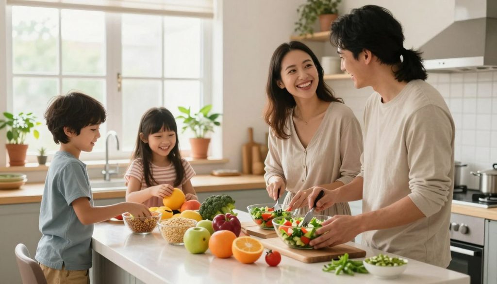 A vibrant family enjoying a healthy lifestyle in a sunlit kitchen, with a joyful atmosphere. In the foreground, a cheerful mother and father are preparing a colorful salad together, dressed in casual, modest clothing. Their two children, a boy and a girl, are playfully arranging fruits on the countertop, smiling and engaged. In the middle, a table is set with various healthy foods, including whole grains, fruits, and vegetables, each brightly colored to emphasize nutrition. The background features a window with natural light pouring in, plants in pots, and an inviting, clutter-free environment that conveys warmth and togetherness. The mood is uplifting and inspiring, capturing the essence of family health transformations and positive lifestyle changes. Soft, warm lighting enhances the feeling of a positive and encouraging space.