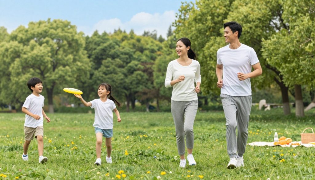 A vibrant family of four engaging in healthy activities in a sunlit park, embodying wellness and togetherness. In the foreground, the parents are seen jogging side by side, both dressed in comfortable athletic wear, showcasing smiles of determination. The children, a boy and a girl, are playing with a frisbee, their cheerful laughter echoing the positive energy of family life. In the middle, lush green grass and blooming flowers create a lively atmosphere, while a picnic blanket with wholesome snacks can be seen to the side. The background features tall trees and a clear blue sky, enhancing the serene environment. The scene is captured with soft, natural lighting to evoke warmth and positivity, aiming for a bright, hopeful mood that reflects family wellness journeys.