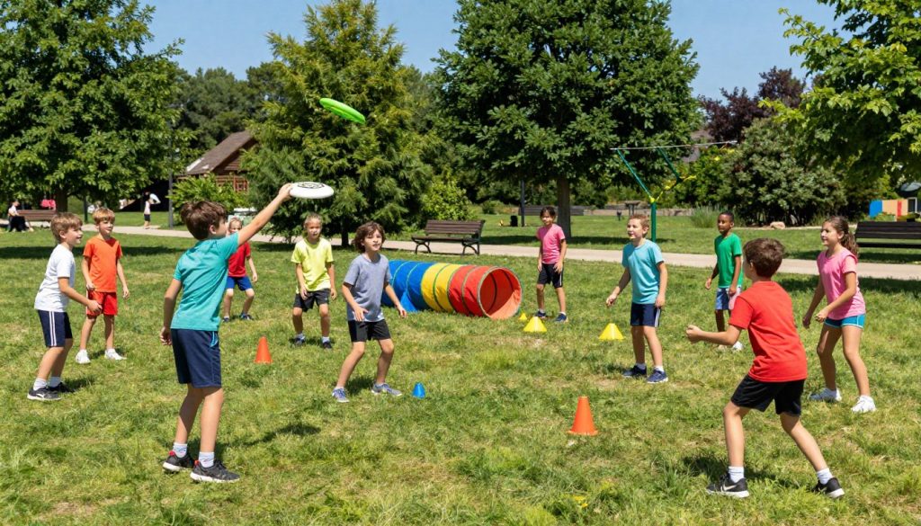 A vibrant outdoor scene showcasing children engaged in various fitness activities, capturing a sense of adventure and fun. In the foreground, a diverse group of kids, aged 6-10, wearing colorful, modest athletic clothing, are joyfully playing on a grassy field. One child is jumping rope, another is tossing a frisbee, while a couple of others are playing an energetic game of tag. In the middle ground, a fitness obstacle course with cones and tunnels invites exploration, surrounded by trees and a bright blue sky. The background features sunlit park elements, like benches and a pathway, creating an inviting atmosphere. The lighting is bright and cheerful, emphasizing the joy of playful movement. The overall mood is energetic, emphasizing teamwork and healthy exercise as a fun adventure.