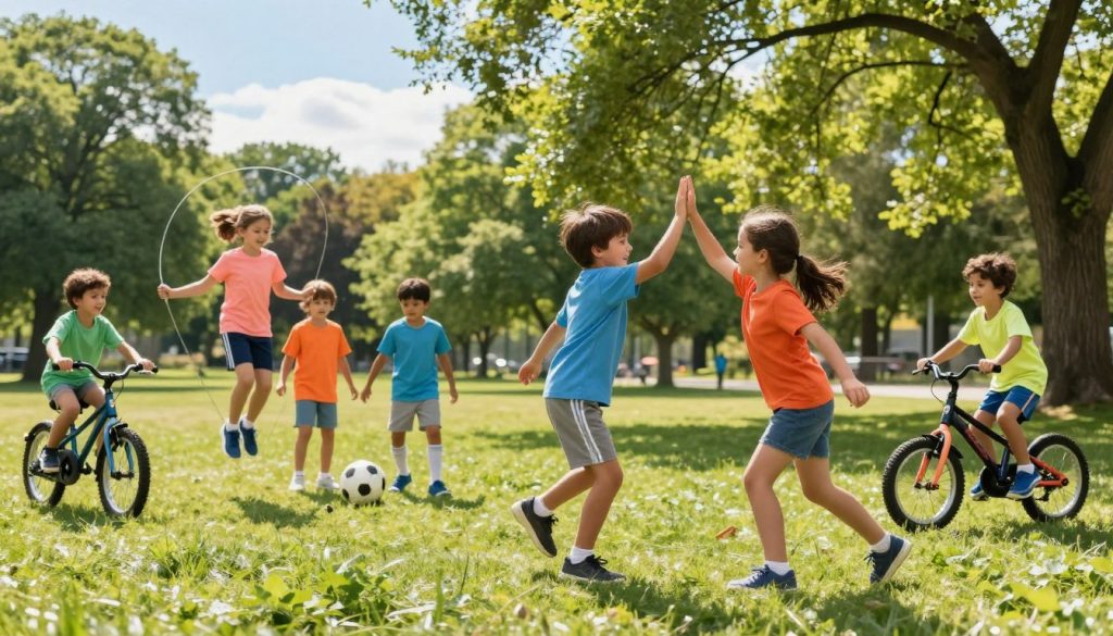 A vibrant scene in a park showcasing a group of diverse, happy children engaged in various fun physical activities, such as playing soccer, jumping rope, and riding bicycles. In the foreground, two children high-five each other, radiating joy and enthusiasm. The middle ground features others involved in a playful game, with bright athletic wear reflecting their energy. In the background, lush green trees and a clear blue sky enhance the atmosphere of movement and vitality. Soft sunlight filters through the branches, creating dappled shadows on the grass. The overall mood is uplifting and inspiring, capturing the essence of motivation to stay active and healthy.