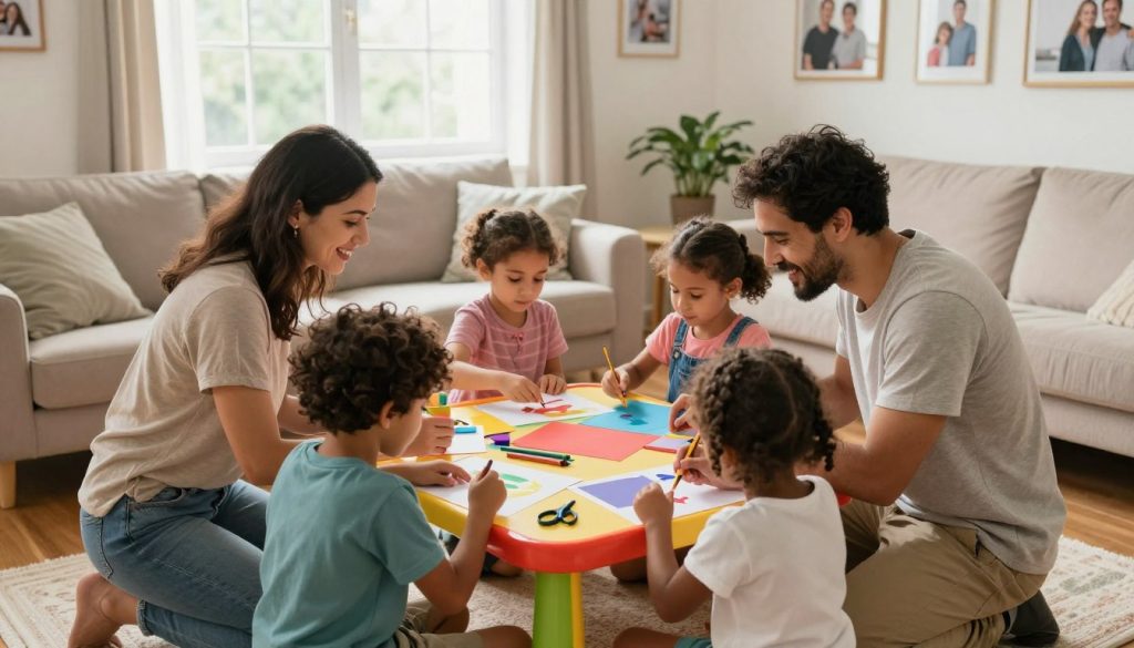 A warm and inviting family scene in a cozy living room, with a diverse family engaged in positive parenting strategies. In the foreground, a mother and father, dressed in modest casual clothing, are kneeling with their children as they work on an arts and crafts project together, showcasing cooperation and encouragement. In the middle ground, a brightly decorated table displays art supplies—crayons, colored paper, and scissors—symbolizing creativity and shared activities. The background features soft, natural light streaming through a large window, with family photos on the walls that reflect love and unity. The atmosphere is joyful and supportive, evoking a sense of warmth and connection as the family bonds over learning and fun. Capture the scene from a slightly elevated angle for depth.