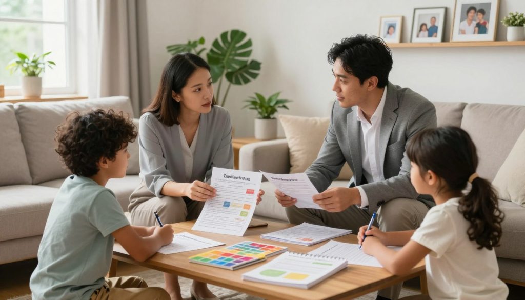 A warm and inviting family wellness assessment scene, featuring a diverse family of four gathered around a coffee table in a cozy, well-lit living room. The parents, in professional business attire, engage in thoughtful discussion while reviewing wellness charts and notes. The children, dressed in modest casual wear, contribute by sharing their thoughts, surrounded by colorful wellness materials and plants that add a touch of nature. The room is softly illuminated by natural light streaming through a window, creating a peaceful atmosphere. In the background, family photos and a comfortable sofa emphasize connection and support. Capture the essence of collaboration and nurturing in family well-being, with a focus on togetherness and positive energy.