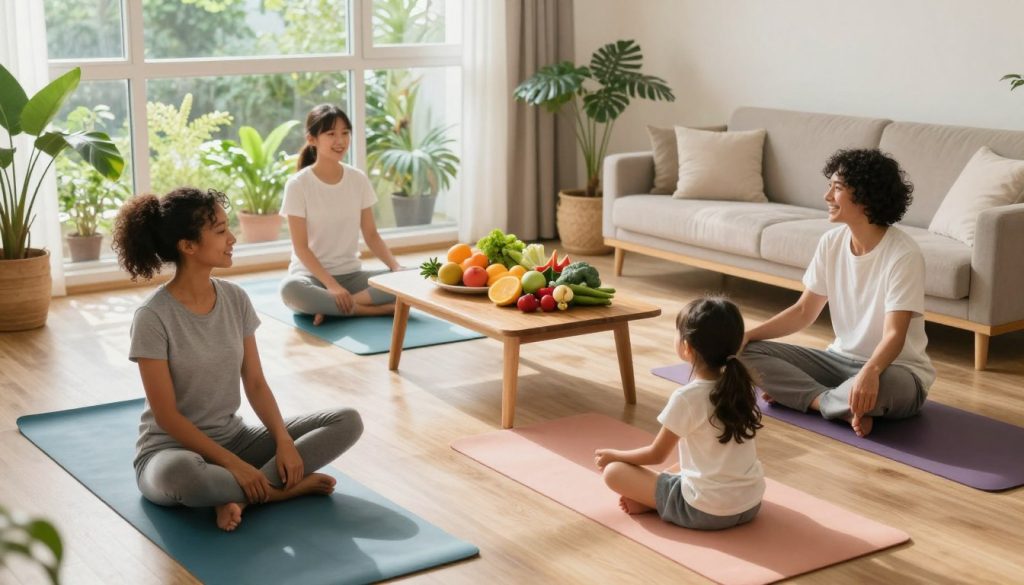 A warm, inviting family scene showcasing a diverse group of four family members—parents and two children—engaged in a variety of wellness activities in a bright, sunlit living room. In the foreground, the family is practicing yoga together on colorful mats, radiating joy and connection. In the middle, fresh fruits and vegetables are artistically arranged on a wooden table, symbolizing healthy eating habits. In the background, large windows let in natural light, illuminating a small indoor garden filled with plants. The atmosphere is tranquil and uplifting, conveying a sense of harmony and balance. Use soft, diffused lighting to enhance the warmth, captured from a slightly elevated angle to view the full family dynamic.