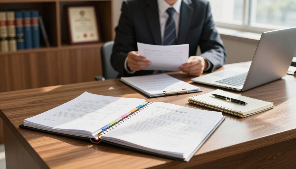 A brightly lit office space focusing on a neatly organized desk in the foreground. The desk features an open folder filled with categorized documents, including contracts, invoices, and legal papers, methodically arranged and labeled with colorful tabs. A polished wooden chair is positioned at the desk, with a laptop to the side, displaying a calendar. A notepad and pen are also on the desk, highlighting preparedness. In the middle ground, a professional-looking lawyer in business attire is reviewing documents, exhibiting concentration and attentiveness. In the background, a bookshelf lined with law books and a framed diploma add depth and context, suggesting a lawful environment. The overall atmosphere is calm and professional, with natural sunlight streaming through a window, creating a warm and inviting ambiance. A brightly lit office space focusing on a neatly organized desk in the foreground. The desk features an open folder filled with categorized documents, including contracts, invoices, and legal papers, methodically arranged and labeled with colorful tabs. A polished wooden chair is positioned at the desk, with a laptop to the side, displaying a calendar. A notepad and pen are also on the desk, highlighting preparedness. In the middle ground, a professional-looking lawyer in business attire is reviewing documents, exhibiting concentration and attentiveness. In the background, a bookshelf lined with law books and a framed diploma add depth and context, suggesting a lawful environment. The overall atmosphere is calm and professional, with natural sunlight streaming through a window, creating a warm and inviting ambiance.