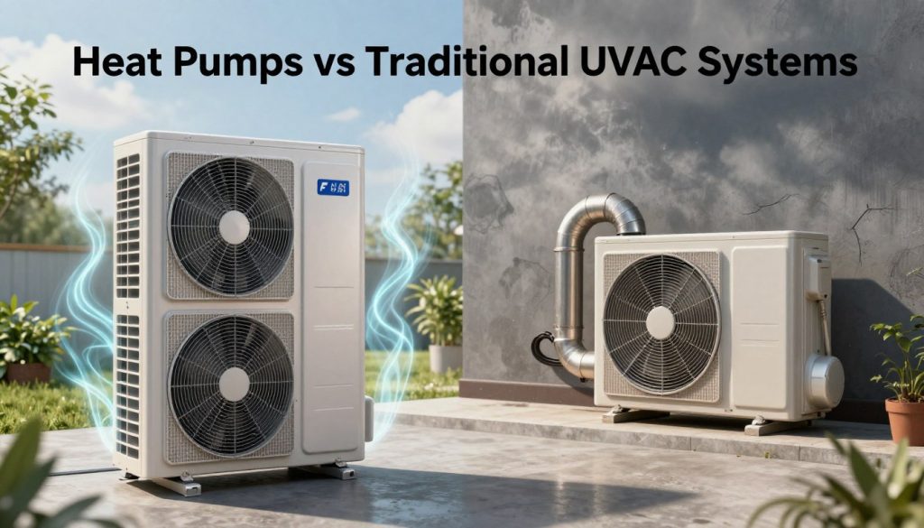 A detailed comparison scene illustrating "Heat Pumps vs Traditional HVAC Systems." In the foreground, showcase a sleek, modern heat pump unit with a smooth metallic finish, surrounded by flowing energy lines symbolizing efficiency and sustainability. In contrast, place a bulky, traditional HVAC system with exposed ductwork and a noisy compressor, representing older technology. In the middle ground, create a split home environment: one side with fresh air circulation and greenery, while the other has visible dust and noise. The background features a clear sky on the heat pump side and a clouded sky on the traditional side, highlighting environmental differences. Use natural lighting to enhance warmth on the heat pump side and more subdued, harsher lighting on the traditional side, creating a mood of innovation versus outdated comfort. A detailed comparison scene illustrating "Heat Pumps vs Traditional HVAC Systems." In the foreground, showcase a sleek, modern heat pump unit with a smooth metallic finish, surrounded by flowing energy lines symbolizing efficiency and sustainability. In contrast, place a bulky, traditional HVAC system with exposed ductwork and a noisy compressor, representing older technology. In the middle ground, create a split home environment: one side with fresh air circulation and greenery, while the other has visible dust and noise. The background features a clear sky on the heat pump side and a clouded sky on the traditional side, highlighting environmental differences. Use natural lighting to enhance warmth on the heat pump side and more subdued, harsher lighting on the traditional side, creating a mood of innovation versus outdated comfort.