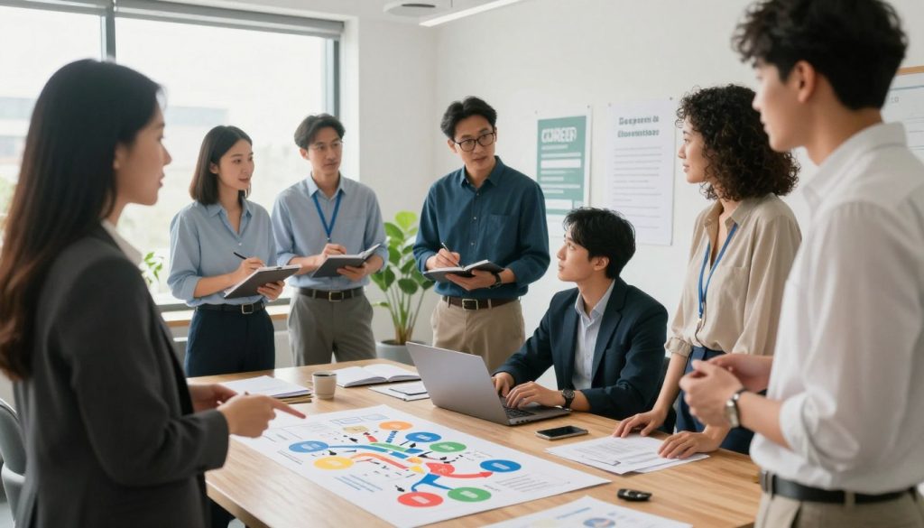 A diverse group of professionals, standing around a large table in a modern office space, deeply engaged in a brainstorming session. In the foreground, a woman in business attire points to a colorful infographic showcasing various career paths. In the middle ground, a man with glasses takes notes while discussing options, alongside another individual who is using a laptop to research training programs. The background includes a bright, well-lit office with large windows, plants, and motivational posters about career growth. The atmosphere is collaborative and focused, emphasizing determination and exploration. The soft natural lighting enhances the scene, conveying positivity and inspiration. The angle captures the dynamic interaction among the group, highlighting their commitment to defining professional goals. A diverse group of professionals, standing around a large table in a modern office space, deeply engaged in a brainstorming session. In the foreground, a woman in business attire points to a colorful infographic showcasing various career paths. In the middle ground, a man with glasses takes notes while discussing options, alongside another individual who is using a laptop to research training programs. The background includes a bright, well-lit office with large windows, plants, and motivational posters about career growth. The atmosphere is collaborative and focused, emphasizing determination and exploration. The soft natural lighting enhances the scene, conveying positivity and inspiration. The angle captures the dynamic interaction among the group, highlighting their commitment to defining professional goals.