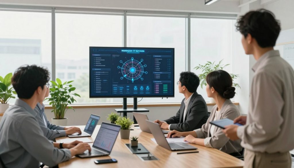 A modern office environment showcasing managed IT services for small businesses. In the foreground, a diverse group of three professionals in business attire are discussing equipment and data on a large digital screen, displaying network management tools and analytics. In the middle, a sleek conference table is filled with laptops, tablets, and tech gadgets, surrounded by potted plants for a touch of greenery. The background features a large window with bright natural light pouring in, illuminating the room with a warm, productive atmosphere. Use a soft focus effect to emphasize the professionals, and incorporate ambient lighting to create an inviting and collaborative mood, suggesting innovation and efficiency in IT service management. A modern office environment showcasing managed IT services for small businesses. In the foreground, a diverse group of three professionals in business attire are discussing equipment and data on a large digital screen, displaying network management tools and analytics. In the middle, a sleek conference table is filled with laptops, tablets, and tech gadgets, surrounded by potted plants for a touch of greenery. The background features a large window with bright natural light pouring in, illuminating the room with a warm, productive atmosphere. Use a soft focus effect to emphasize the professionals, and incorporate ambient lighting to create an inviting and collaborative mood, suggesting innovation and efficiency in IT service management.
