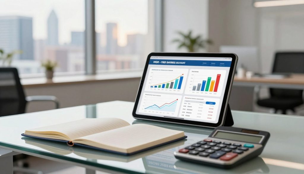 A modern office space with an elegant, glass desk in the foreground, showcasing an open notebook and a sleek calculator, symbolizing financial planning. In the middle, focus on a digital tablet displaying graphs and data comparing high-yield savings accounts, with vibrant colors highlighting interest rates and features. Background elements include a large window revealing a city skyline, bathed in warm, natural light that creates a professional yet inviting atmosphere. The overall mood is one of clarity and precision, conveying the importance of informed financial decisions. The scene is styled with contemporary decor, emphasizing a sense of professionalism and trustworthiness, suitable for readers interested in financial growth. A modern office space with an elegant, glass desk in the foreground, showcasing an open notebook and a sleek calculator, symbolizing financial planning. In the middle, focus on a digital tablet displaying graphs and data comparing high-yield savings accounts, with vibrant colors highlighting interest rates and features. Background elements include a large window revealing a city skyline, bathed in warm, natural light that creates a professional yet inviting atmosphere. The overall mood is one of clarity and precision, conveying the importance of informed financial decisions. The scene is styled with contemporary decor, emphasizing a sense of professionalism and trustworthiness, suitable for readers interested in financial growth.