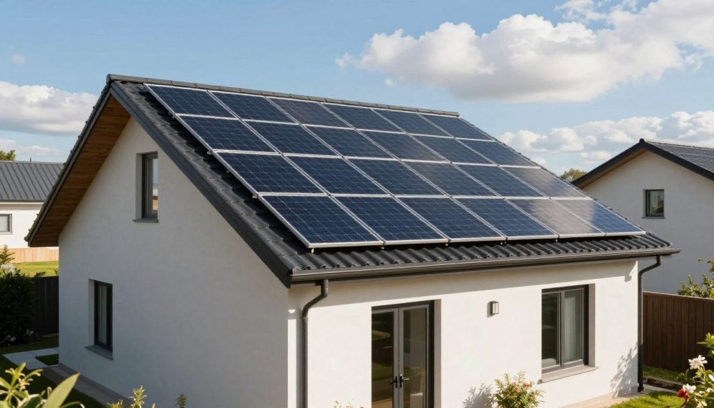 A modern residential home featuring a sleek, sloped roof equipped with solar panels, reflecting sunlight. In the foreground, a well-maintained garden adds a touch of greenery, with a pathway leading to the front door. The middle ground showcases the solar panel installation, highlighting the panels' glossy black surface and metallic framing. In the background, a blue sky with fluffy white clouds conveys a bright, sunny day. Soft, natural lighting enhances the scene, casting gentle shadows that create depth. The angle is slightly elevated, capturing the entirety of the home and its eco-friendly features. The atmosphere is inviting and sustainable, reflecting a modern lifestyle that values energy efficiency and renewable technology.