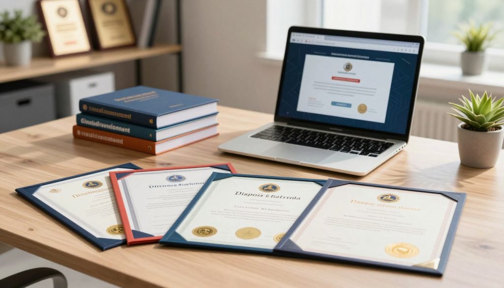 A visually appealing desk scene showcasing an array of job certifications, prominently displayed. In the foreground, crisp, colorful certification diplomas, framed, with gold seals and elegant calligraphy. A neatly organized stack of professional development books sits beside them. In the middle ground, a modern laptop is open, showing a digital version of a certification course in progress. The background features a soft-focus office environment, with shelves filled with accolades and plants, creating a warm and inviting atmosphere. The lighting is bright and natural, simulating sunlight streaming through a window, enhancing the professional feel. Capture this scene from a slightly elevated angle to emphasize the certifications' importance and create a sense of aspiration and achievement.
