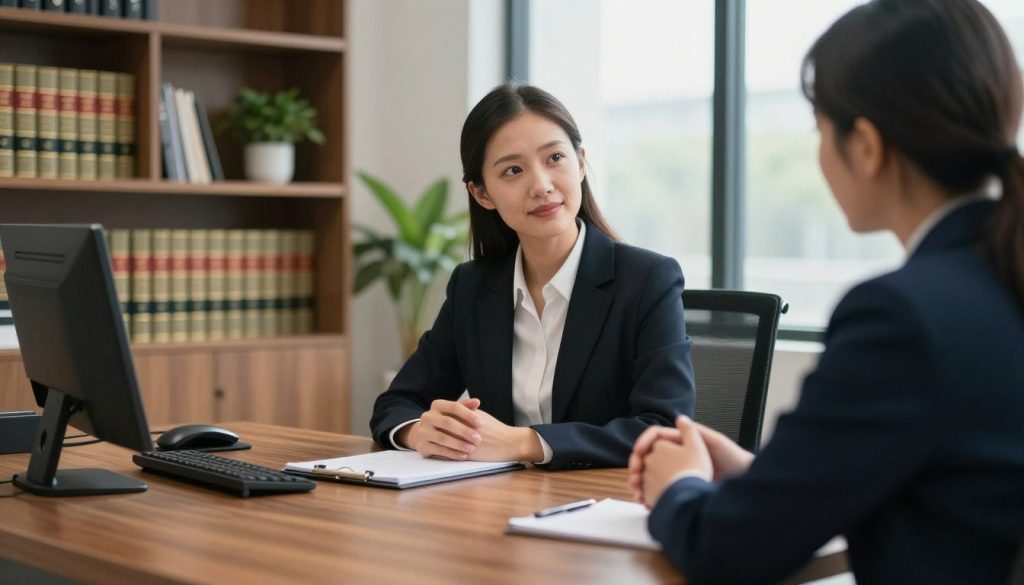 A well-lit modern attorney's office with a polished wooden desk in the foreground, featuring a neatly arranged notepad and pen. A confident attorney in professional business attire is seated, listening attentively to a potential client, who appears engaged and inquisitive. In the background, bookshelves lined with legal textbooks and a potted plant add a touch of warmth. Soft, natural light filters through a large window, creating a welcoming and professional atmosphere. The angle captures both the attorney's expression of focus and the client's eagerness, emphasizing a sense of collaboration and trust. The overall mood is serious yet approachable, ideal for conveying an important consultation moment. A well-lit modern attorney's office with a polished wooden desk in the foreground, featuring a neatly arranged notepad and pen. A confident attorney in professional business attire is seated, listening attentively to a potential client, who appears engaged and inquisitive. In the background, bookshelves lined with legal textbooks and a potted plant add a touch of warmth. Soft, natural light filters through a large window, creating a welcoming and professional atmosphere. The angle captures both the attorney's expression of focus and the client's eagerness, emphasizing a sense of collaboration and trust. The overall mood is serious yet approachable, ideal for conveying an important consultation moment.
