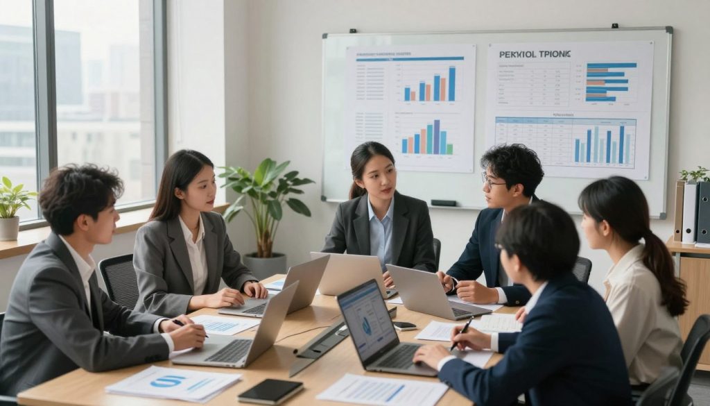 A well-organized office space showcasing payroll solutions for growing businesses. In the foreground, a diverse group of professionals, dressed in smart business attire, are engaged in discussion around a desk covered with documents and digital devices, symbolizing analysis and collaboration. The middle ground features a large whiteboard displaying charts and graphs related to payroll metrics, demonstrating strategic planning. The background includes a window with a cityscape view, indicating a dynamic business environment, with natural light streaming in to create an inviting atmosphere. Soft, warm lighting enhances the mood of productivity and professionalism, captured from a slightly elevated angle to provide a comprehensive view of the scene. A well-organized office space showcasing payroll solutions for growing businesses. In the foreground, a diverse group of professionals, dressed in smart business attire, are engaged in discussion around a desk covered with documents and digital devices, symbolizing analysis and collaboration. The middle ground features a large whiteboard displaying charts and graphs related to payroll metrics, demonstrating strategic planning. The background includes a window with a cityscape view, indicating a dynamic business environment, with natural light streaming in to create an inviting atmosphere. Soft, warm lighting enhances the mood of productivity and professionalism, captured from a slightly elevated angle to provide a comprehensive view of the scene.